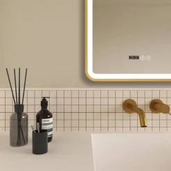 Arezzo Brushed Brass 500 X 700mm Rectangular LED Illuminated Anti-Fog Bathroom Mirror With Time Display -Shower Essence arzim01bb d1