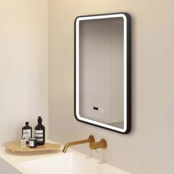 Arezzo Matt Black 500 X 700mm Rectangular LED Illuminated Anti-Fog Bathroom Mirror With Time Display -Shower Essence arzim01mb d1