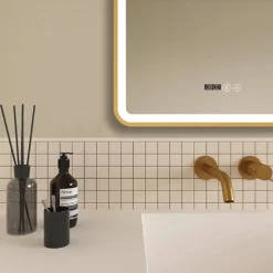 Arezzo Brushed Brass 600 X 800mm Rectangular LED Illuminated Anti-Fog Bathroom Mirror With Time Display -Shower Essence arzim02bb d1