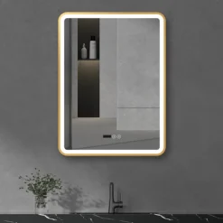Arezzo Brushed Brass 600 X 800mm Rectangular LED Illuminated Anti-Fog Bathroom Mirror With Time Display -Shower Essence arzim02bb d3