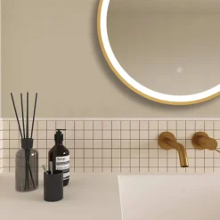 Arezzo Brushed Brass 600mm Round LED Illuminated Anti-Fog Bathroom Mirror -Shower Essence arzim08bb d1
