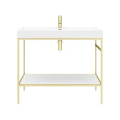 Arezzo 1000 Brushed Brass Framed Washstand With Gloss White Open Shelf And Basin -Shower Essence az10bbfpm d3