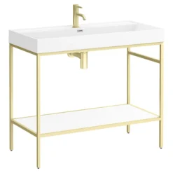 Arezzo 1000 Brushed Brass Framed Washstand With Gloss White Open Shelf And Basin -Shower Essence az10bbfpmd3