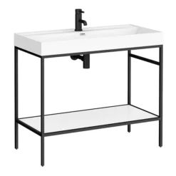 Venice Matt Black 1000mm Framed Washstand And Basin Inc. Tap + Bottle Trap -Shower Essence az10bfpm n d1