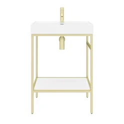 Arezzo 600 Brushed Brass Framed Washstand With Gloss White Open Shelf And Basin -Shower Essence az6bbfpm d4