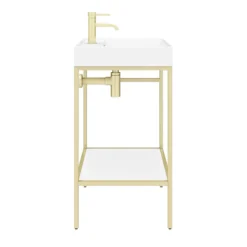 Arezzo 600 Brushed Brass Framed Washstand With Gloss White Open Shelf And Basin