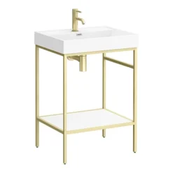 Arezzo 600 Brushed Brass Framed Washstand With Gloss White Open Shelf And Basin -Shower Essence az6bbfpm n d1
