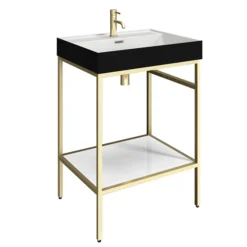 Arezzo 600 Brushed Brass Framed Washstand With Gloss White Open Shelf And Matt Black Basin -Shower Essence az6bbfpmblk d1