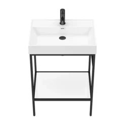 Arezzo 600 Matt Black Framed Washstand With Gloss White Open Shelf And Basin -Shower Essence az6bfpm n d4