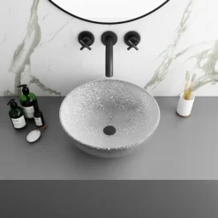 Arezzo Round 410mm Silver Mottled Design Ceramic Counter Top Basin -Shower Essence az7226ss lrg