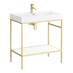 Arezzo 800 Brushed Brass Framed Washstand With Gloss White Open Shelf And Basin -Shower Essence az8bbfpm d3