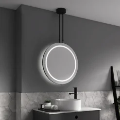 Arezzo Matt Black 600mm Hanging LED Illuminated Bathroom Mirror With Infrared Sensor & Anti-Fog