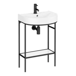 Arezzo D Shaped Curved Matt Black Washstand With Gloss White Open Shelf And Basin 9 Arezzo D Shaped Curved Matt Black Washstand With Gloss White Open Shelf And Basin -Shower Essence azb222ws detail3
