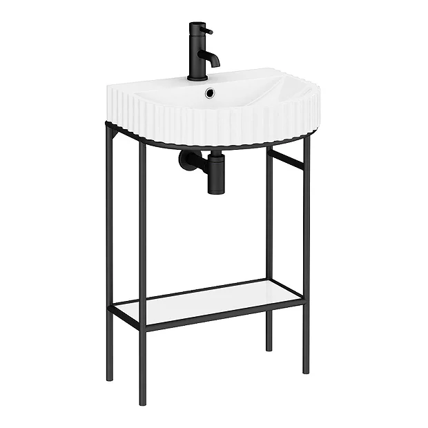 Arezzo D Shaped Matt Black Washstand With Gloss White Open Shelf And Fluted Basin 6 Arezzo D Shaped Matt Black Washstand With Gloss White Open Shelf And Fluted Basin - Image 4