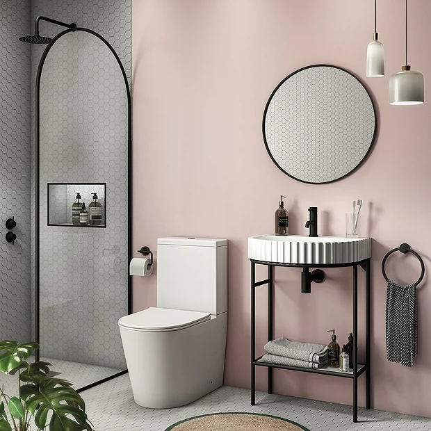 Arezzo D Shaped Matt Black Washstand With Gloss White Open Shelf And Fluted Basin 3 Arezzo D Shaped Matt Black Washstand With Gloss White Open Shelf And Fluted Basin