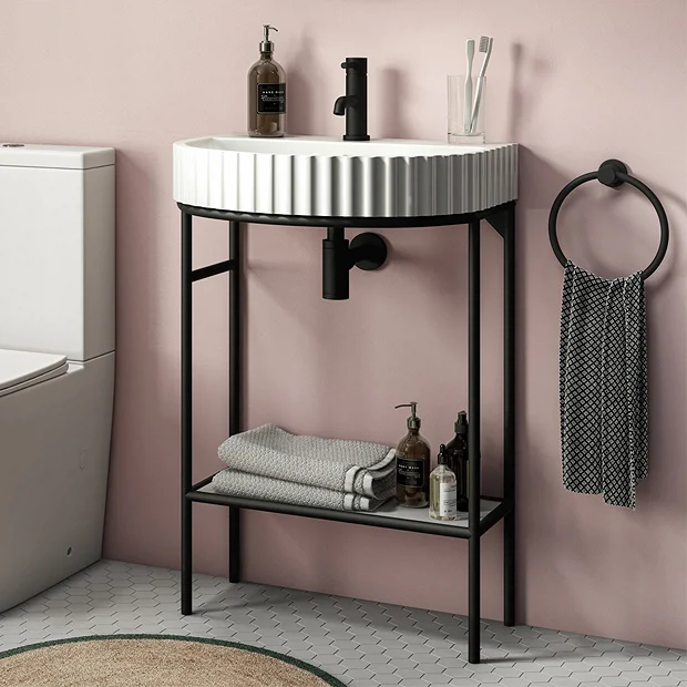Arezzo D Shaped Matt Black Washstand With Gloss White Open Shelf And Fluted Basin 4 Arezzo D Shaped Matt Black Washstand With Gloss White Open Shelf And Fluted Basin - Image 2