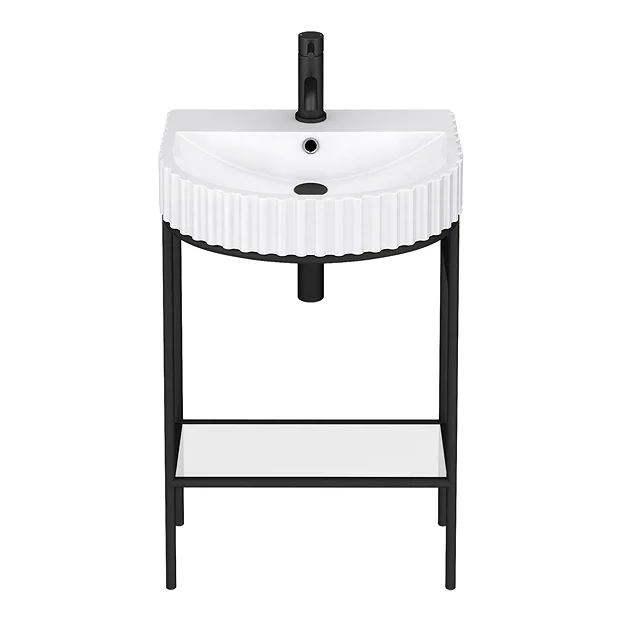 Arezzo D Shaped Matt Black Washstand With Gloss White Open Shelf And Fluted Basin 5 Arezzo D Shaped Matt Black Washstand With Gloss White Open Shelf And Fluted Basin - Image 3