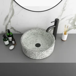 Arezzo Speckled Stone Effect Round Counter Top Basin - 410mm Diameter -Shower Essence azj2021 lrg2