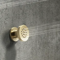Arezzo Brushed Brass Round Concealed Triple Shower Valve With Fixed Head + 4 Body Jets -Shower Essence azrdtsv4bjbbd1