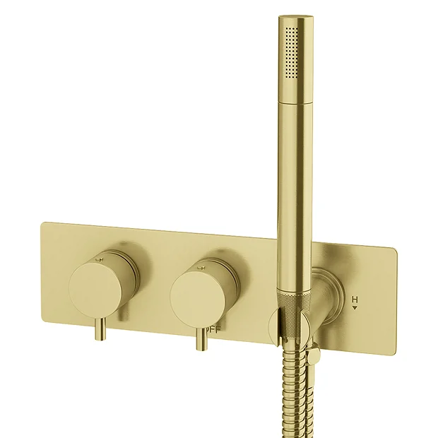 Arezzo Brushed Brass Round Shower System (Fixed Head, Handset + Integrated Parking Bracket) 7 Arezzo Brushed Brass Round Shower System (Fixed Head, Handset + Integrated Parking Bracket) - Image 5
