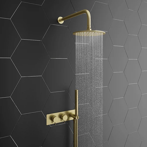 Arezzo Brushed Brass Round Shower System (Fixed Head, Handset + Integrated Parking Bracket) 4 Arezzo Brushed Brass Round Shower System (Fixed Head, Handset + Integrated Parking Bracket) - Image 2