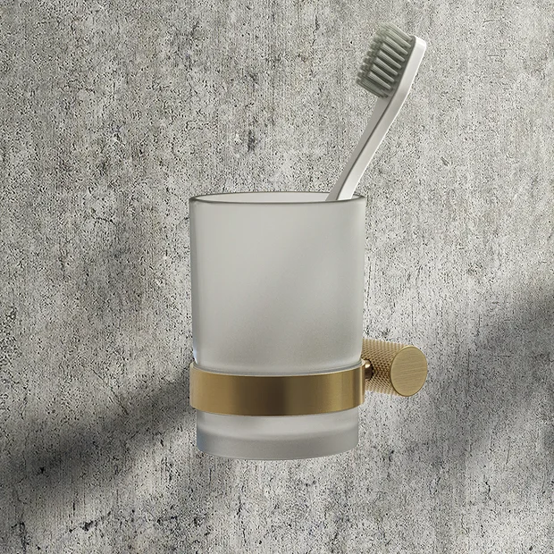 Arezzo Industrial Style Brushed Brass Round Frosted Glass Tumbler & Holder 6 Arezzo Industrial Style Brushed Brass Round Frosted Glass Tumbler & Holder - Image 4