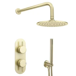 Arezzo Brushed Brass Round Thermostatic Shower Pack With Head + Handset (Oval Backplate) -Shower Essence rd4bbpkr d4