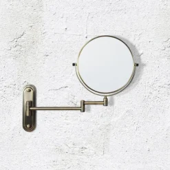 Venice Antique Brass 5x Magnifying Cosmetic Mirror With Curved Wall Plate -Shower Essence vncmcuab d1