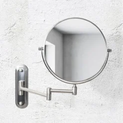 Venice Brushed Nickel 5x Magnifying Cosmetic Mirror With Curved Wall Plate -Shower Essence vncmcubn d1