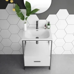 Venice 600 Black Frame Basin Washstand Incl. Solid Stone Basin